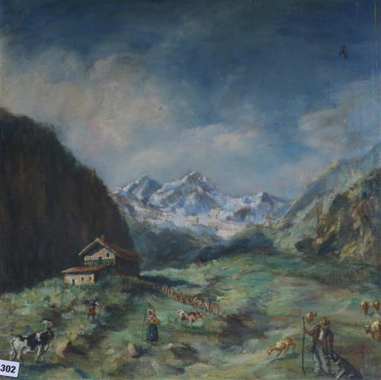 Continental School, oil on canvas, Alpine scene, 60 x 60cm, unframed